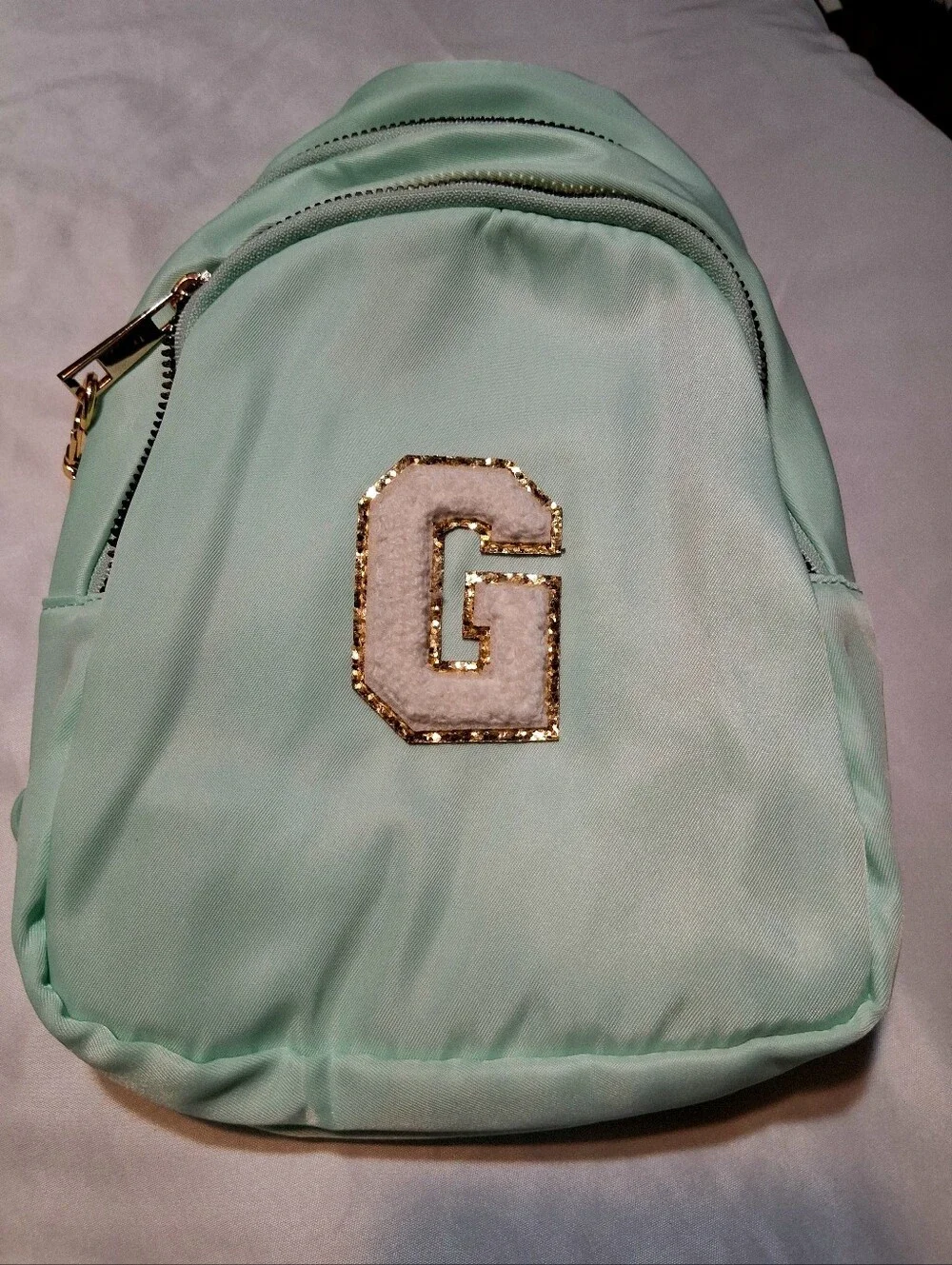 Mint Green Crossbody Mini Sling Bag Backpack Varsity Letter G Chenille Patch